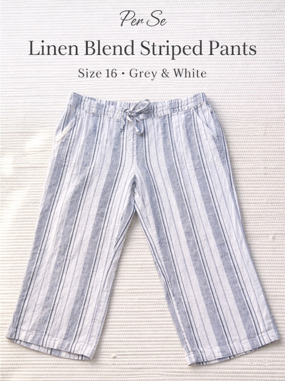 Per Se Womens Sz 1X Linen Blend Pants Grey White Striped